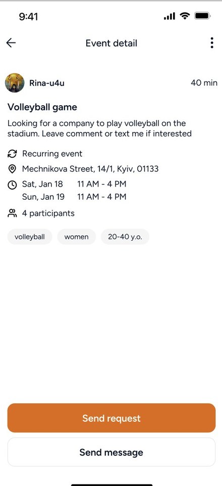 Proxi Sports event detail screen for a volleyball game