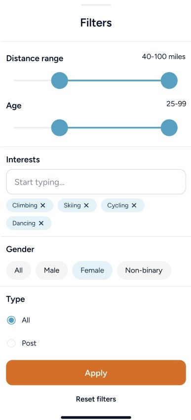 Proxi Sports filters screen with distance, age, and interests